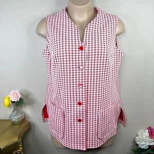XL Vintage 70’s Red & White Checkered Print Vest Sleeveless Top Extra Large
